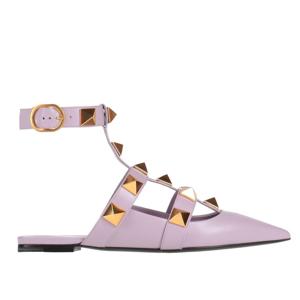 Valentino Garavani Lilac Roman Stud Flat Leather Ankle Strap Gold 36